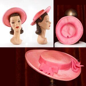 Vintage 1950s Adorable Pink straw Sun Breton Sailer Boater Hat with Ribbon Bows